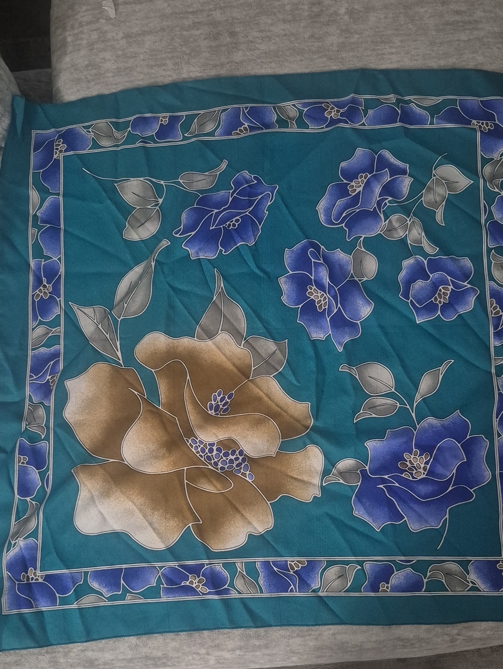 Teal Floral Silk-Feel Scarf with Blue & Gold Blooms
